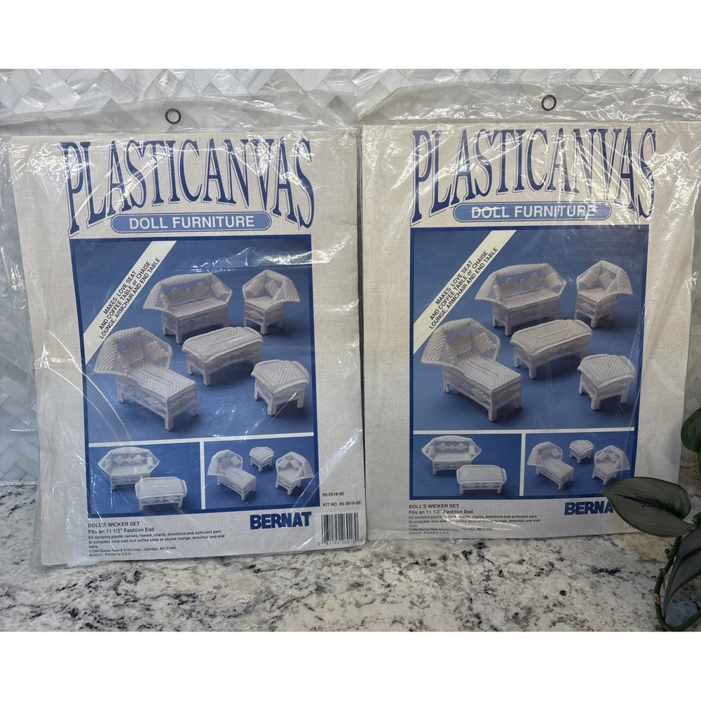 2 Vtg 1990 Bernat Plastic Canvas Doll's Wicker Furniture Set Kit Unopened Barbie